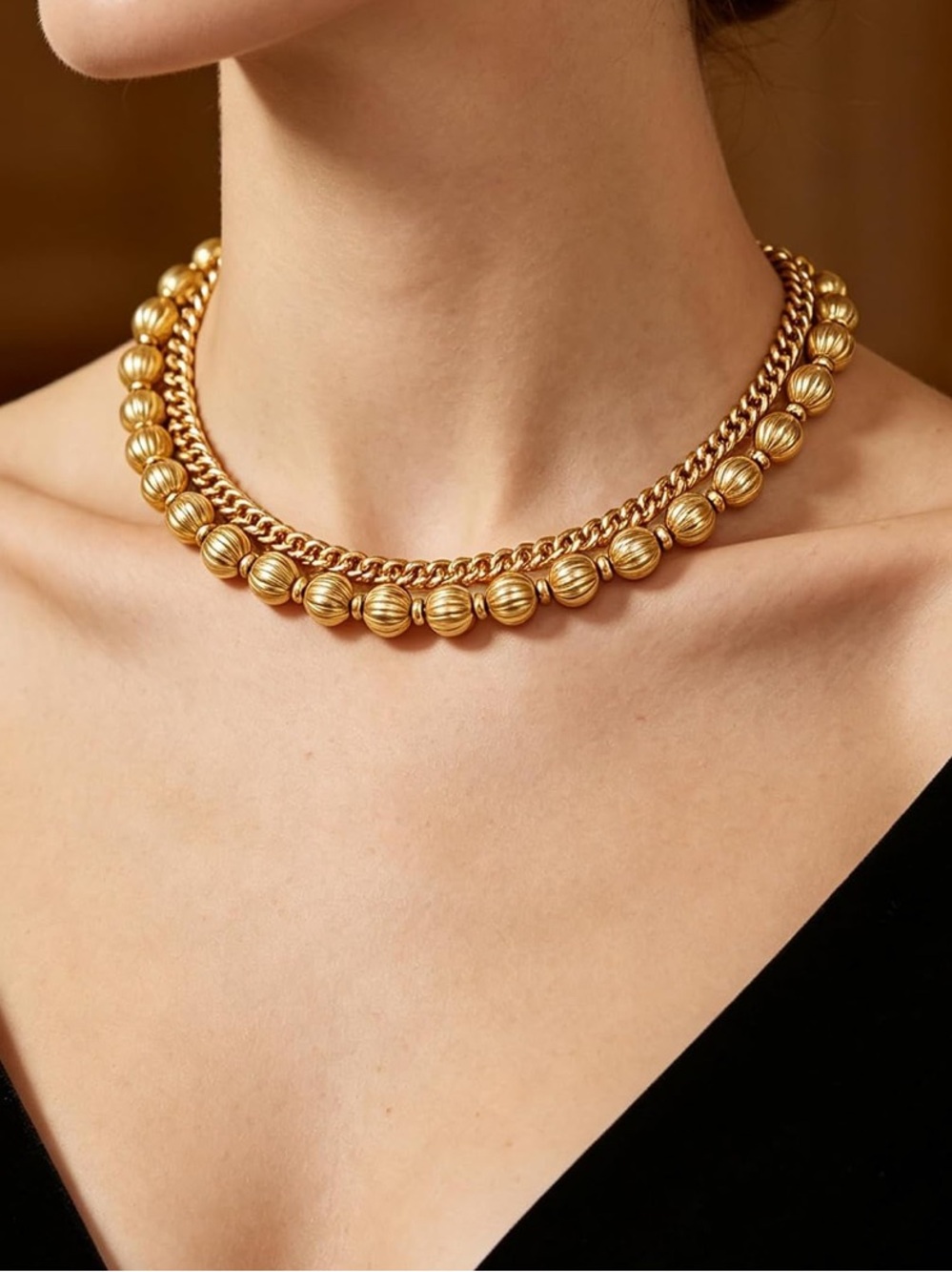 Anthropologie Polished Gold Tone Double-Strand Beaded Choker